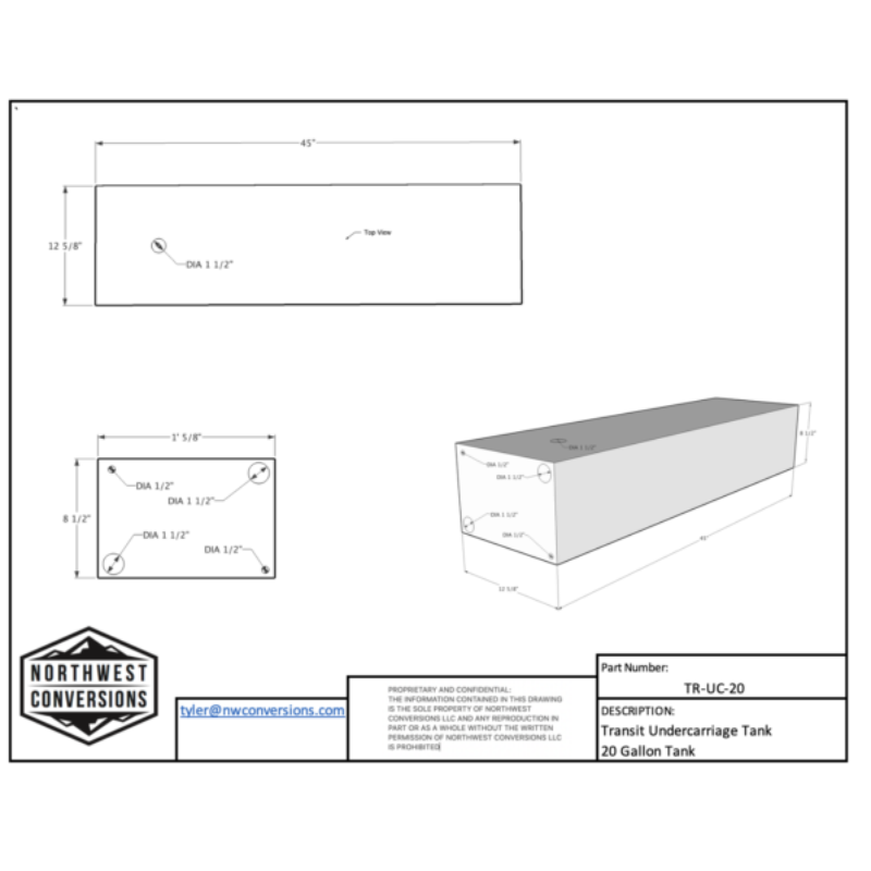 NW Conversions 20 Gallon Driver Side Transit Undercarriage Water Tank (TR-UC-20)