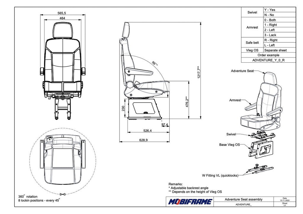 MobiFrame Adventure Seat - Full Recline, Removable Armrests
